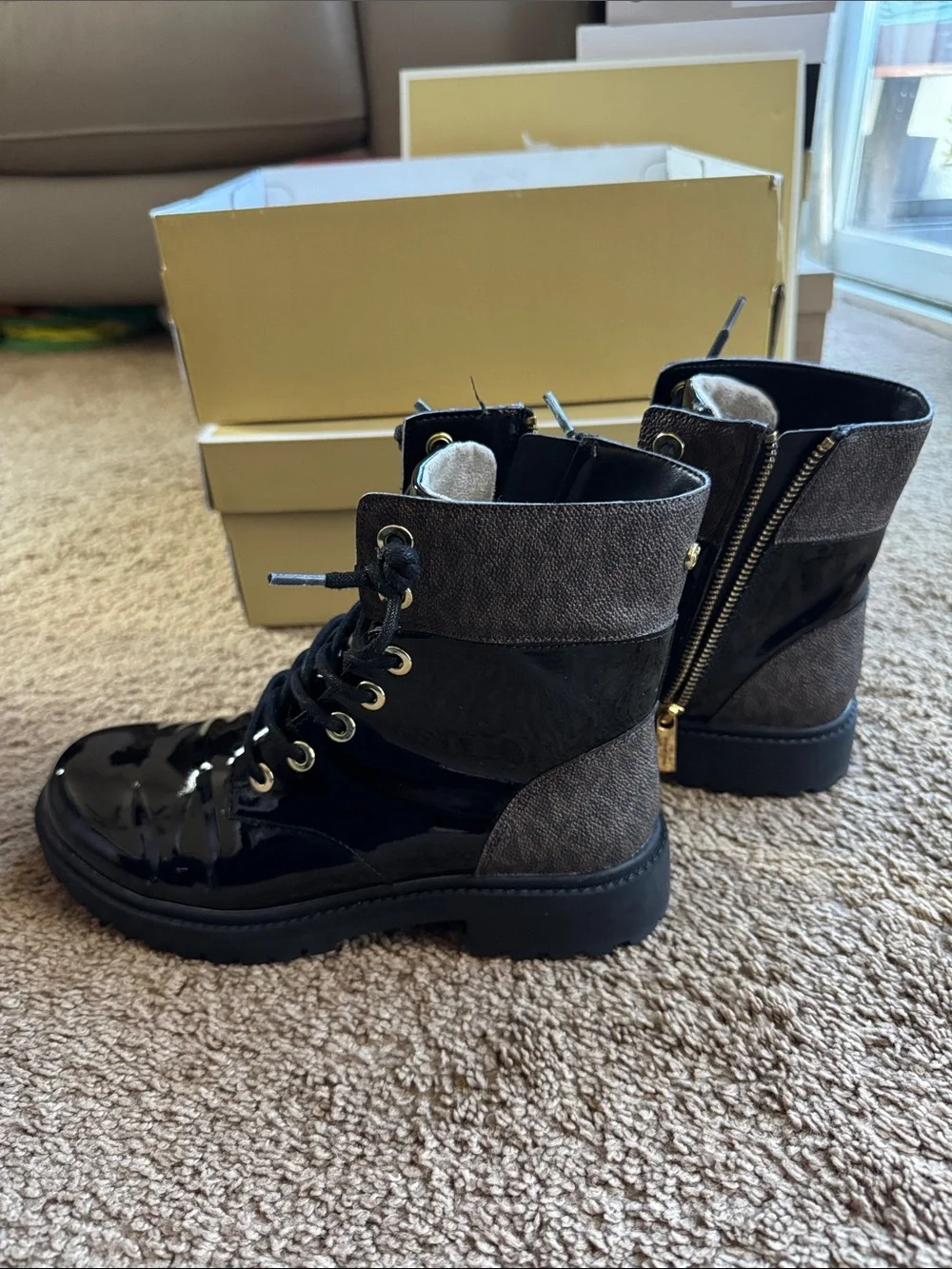 Michael Kors Black Patent Lace-Up Combat Boots with Gold Hardware